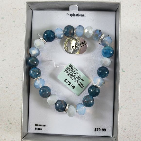 Genuine Stone BLUE STONE FAITH & CROSS HEART Charm Stretch Bracelet New in Box - Picture 2 of 9